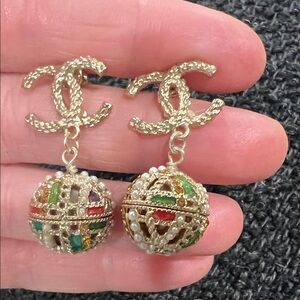 CHANEL Gold-Tone Double C Drop Earrings with Multicolor Enamel and Pearl Accents